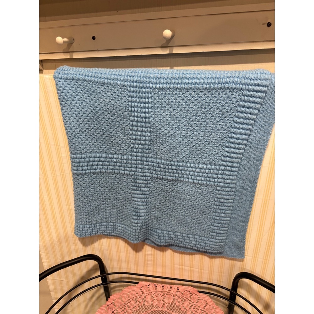 Handmade Knit Baby Blanket Blue Textured Windowpane Block Pattern 39x27
